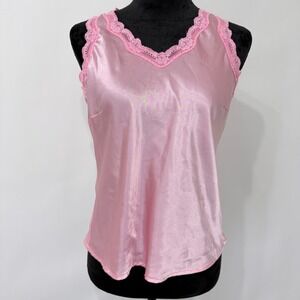 Vintage Y2K Notations Pink Satin Lace Trim Tank Top Size PM Feminine Romantic